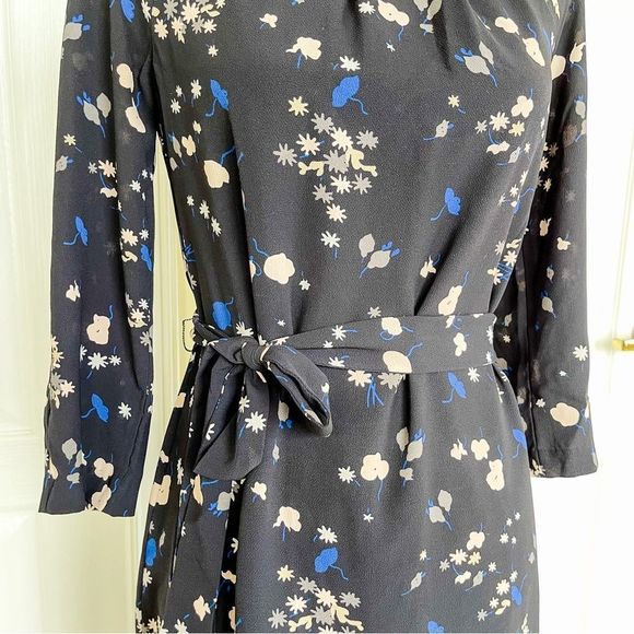 Ann Taylor Sz 0 Black and Blue Round Ruffled Neck Long Sleeves Knee Length Dress - Picture 5 of 12